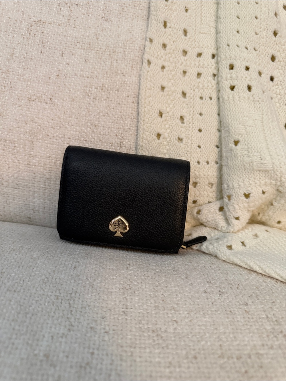 kate spade Black Pebbled Leather Small Wallet with Gold Spade Emblem